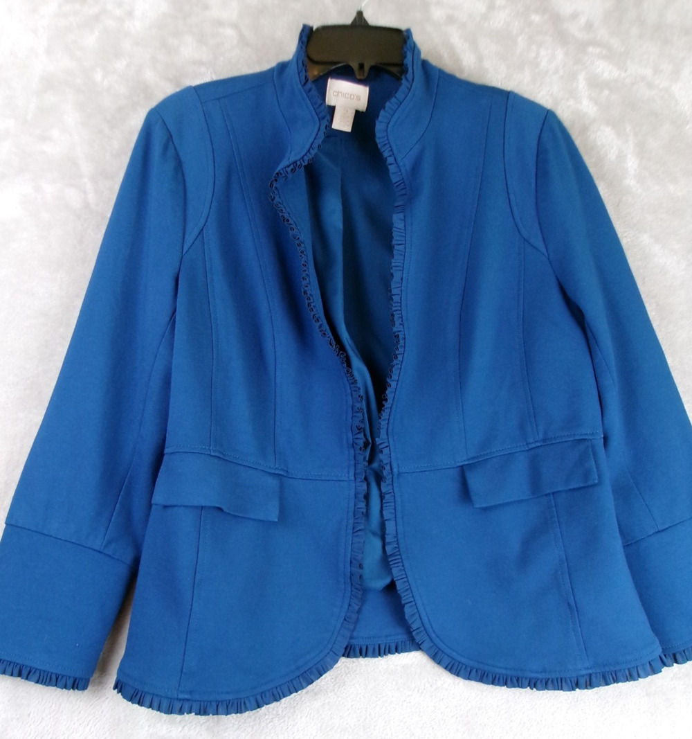 Chico's Women's 2/L Ocean Blue Ruffle Trim Open Blazer Jacket